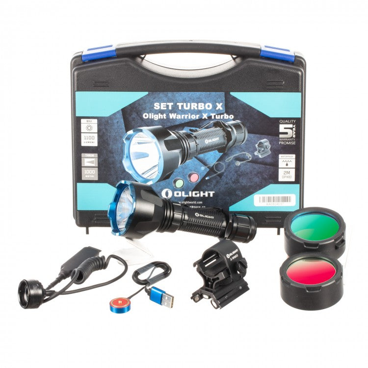 Set complet Lanterna Olight Warrior X TURBO, 1100 lumeni / 1000m distanta, incarcator magnetic